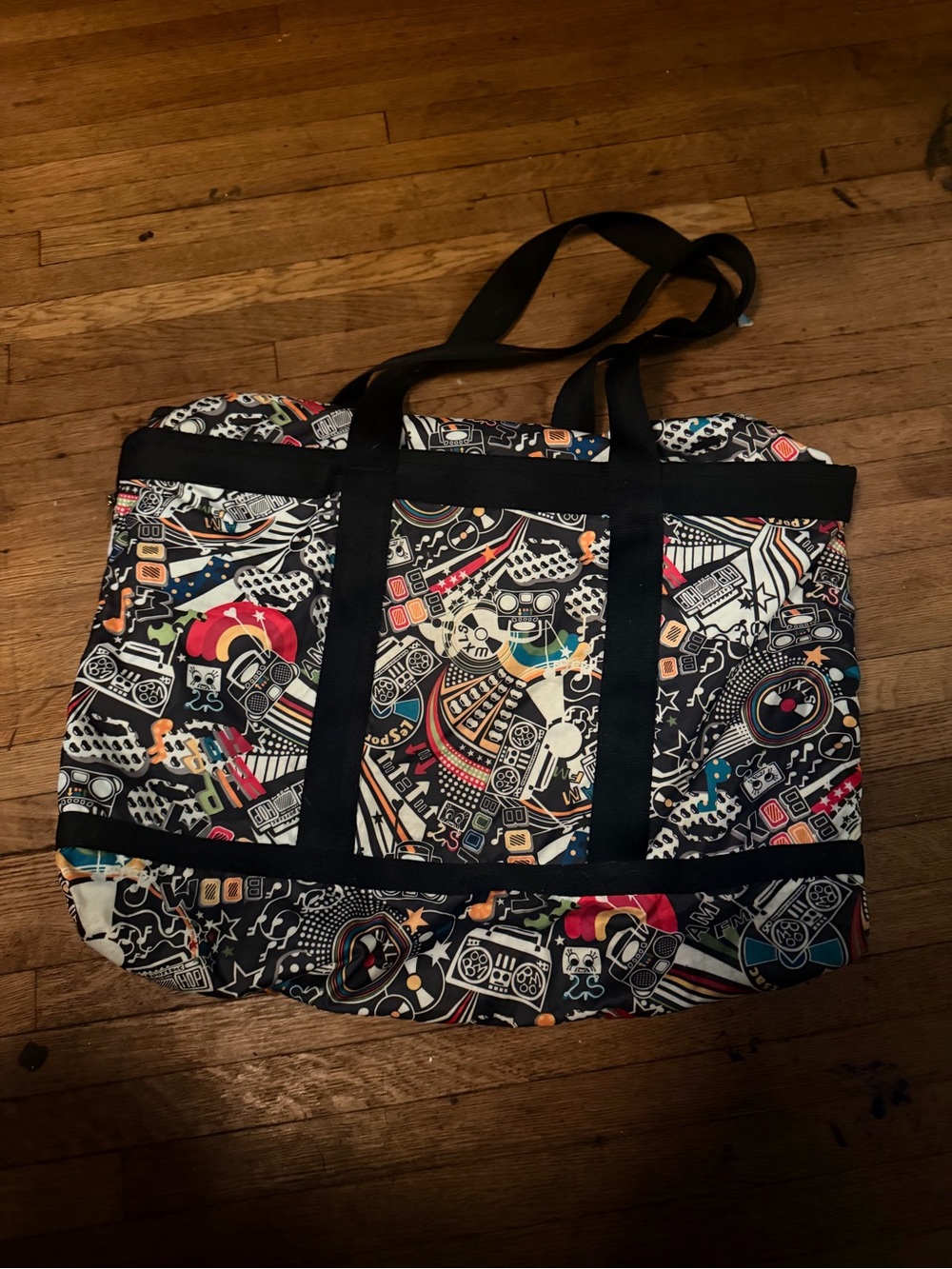 Lesportsac Vintage 80s Large Black Funky Graphic Printed Large Shoulder Bag
